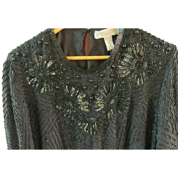 Valerie Stevens Black Beaded Silk Blend Long Sleeve Evening Top Size 6 Special - Picture 2 of 5